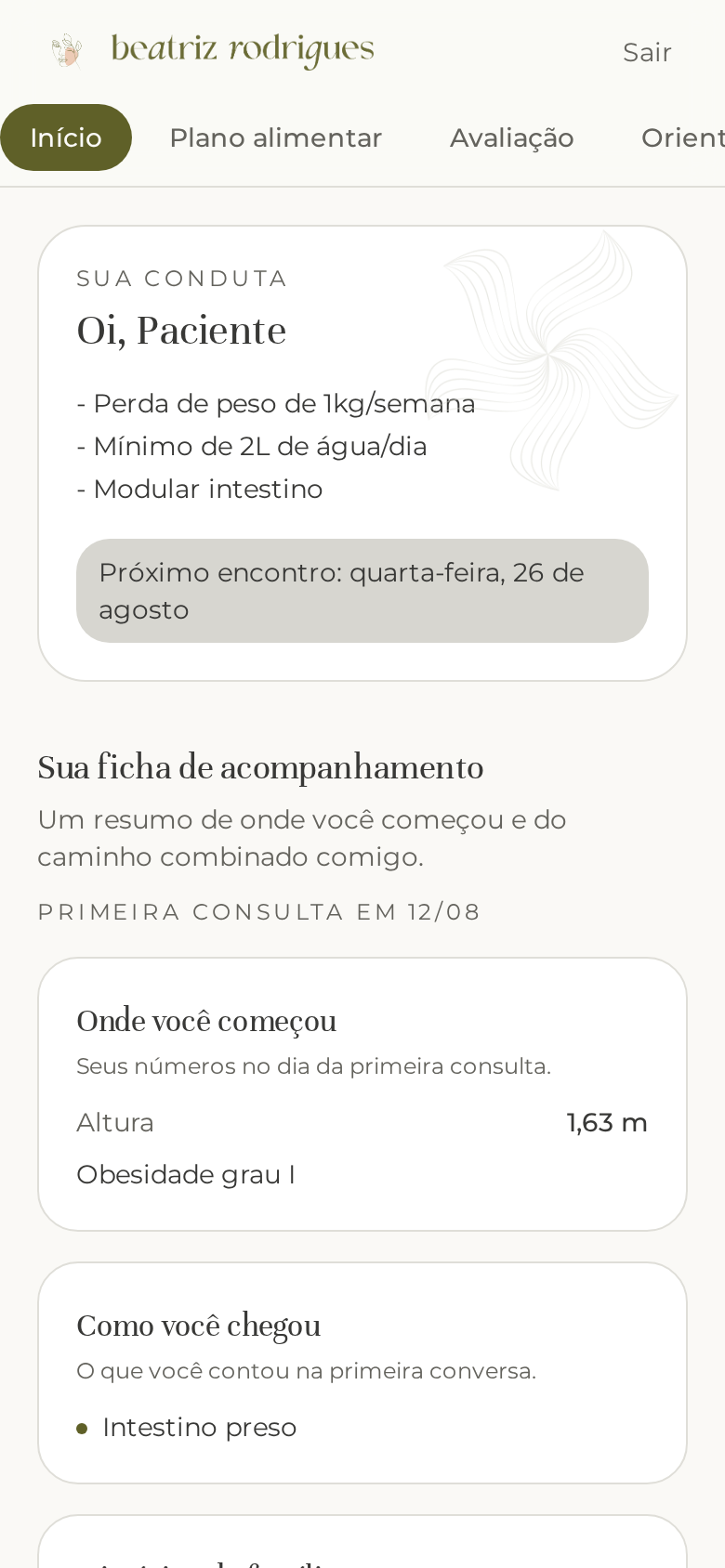 Página principal do app de acompanhamento