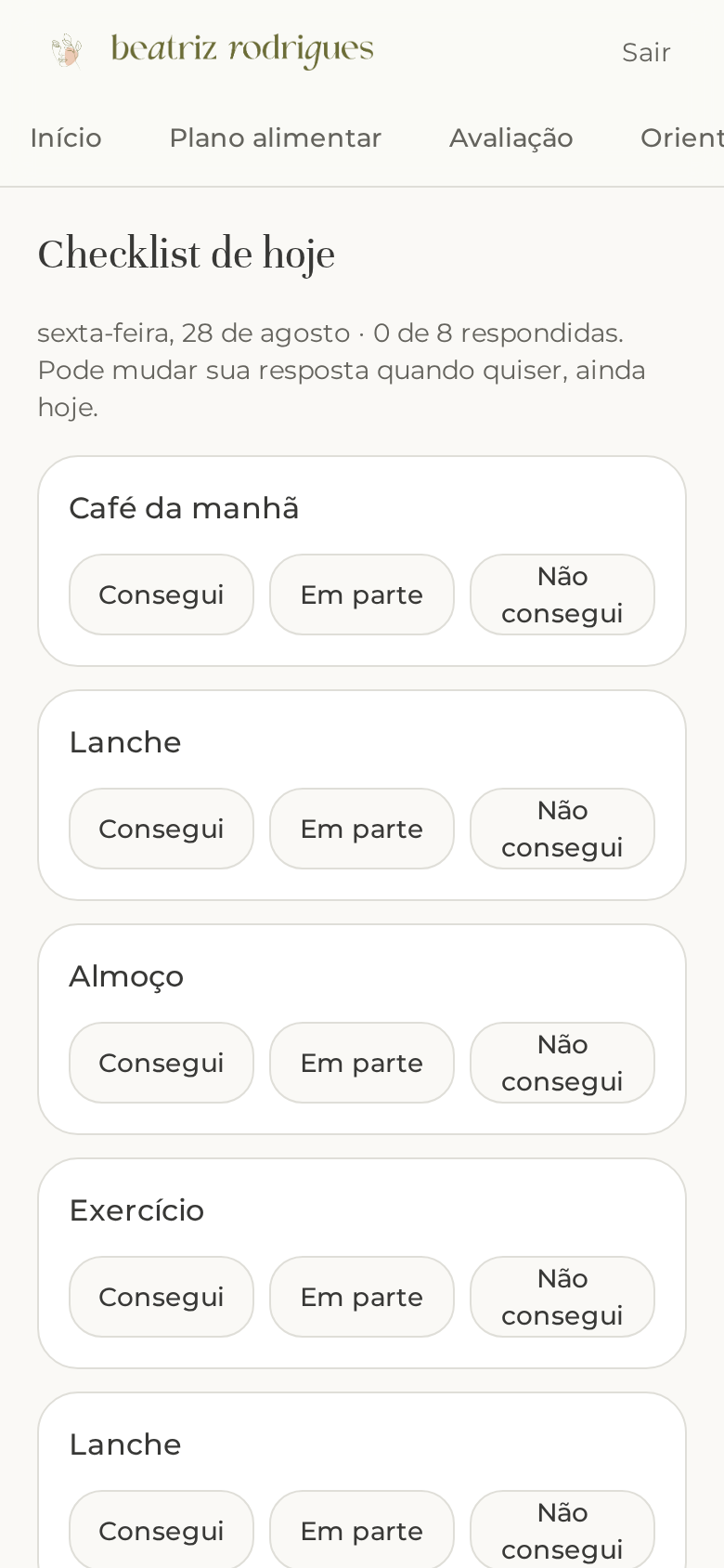 Tela do checklist diário no app de acompanhamento